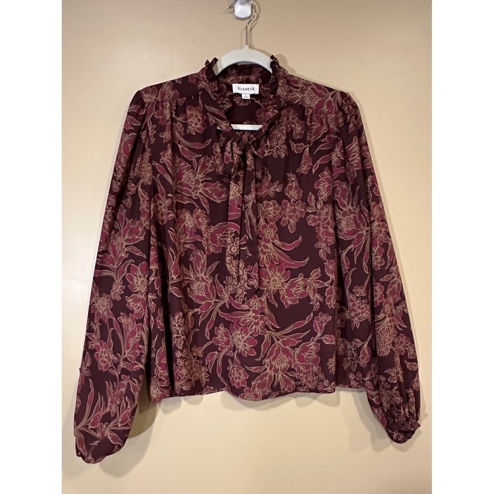 Evereve Womens Floral Tie Neck Ruffle Blouse Burgundy Large Boho Feminine - Picture 8 of 8